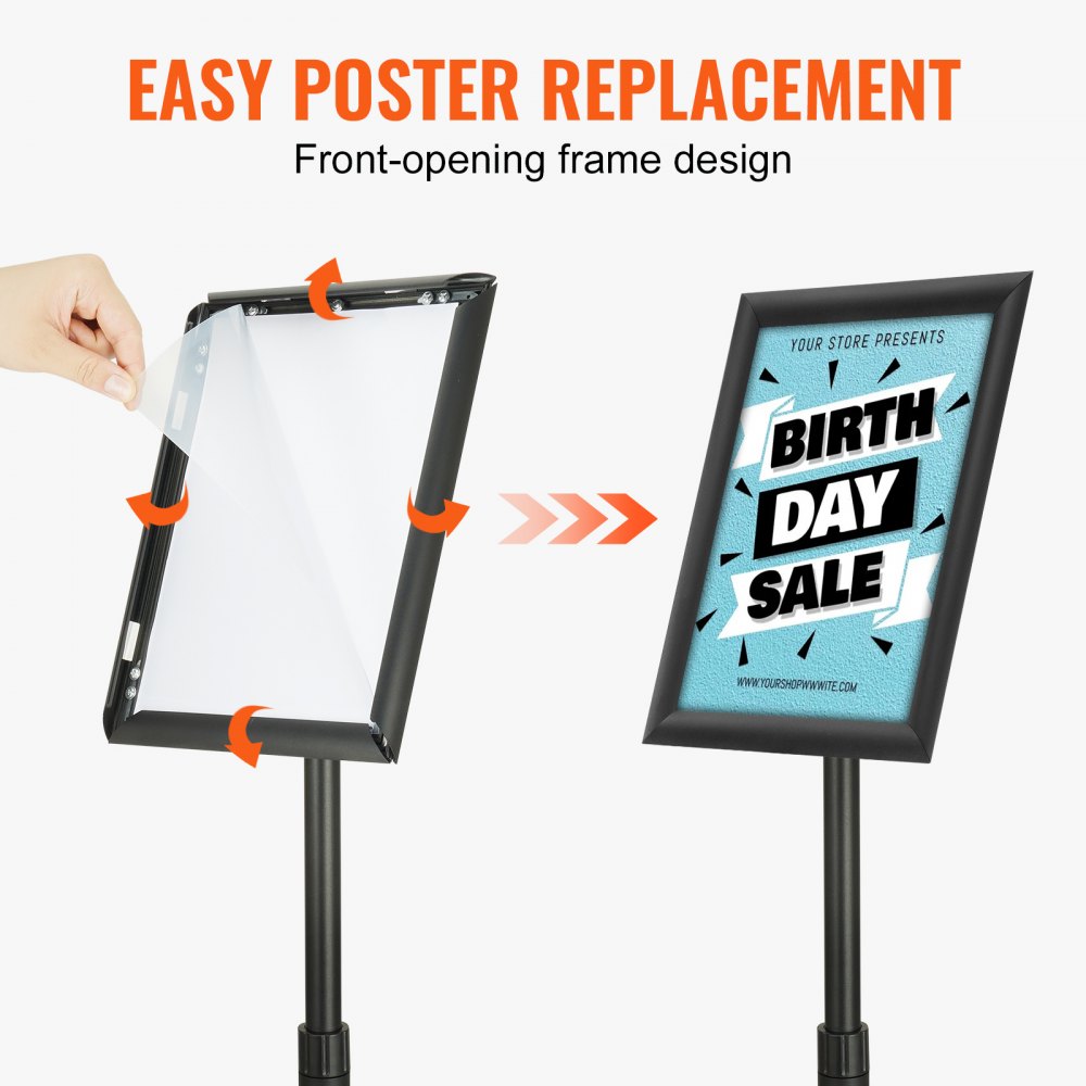 VEVOR Pedestal Sign Holder, 8.5 x 11 Inch Vertical and Horizontal Adjustable Poster Stand, Heavy-Duty Floor Standing Sign Holder with Round Base for Display, Advertisement, and Outdoor, Black 