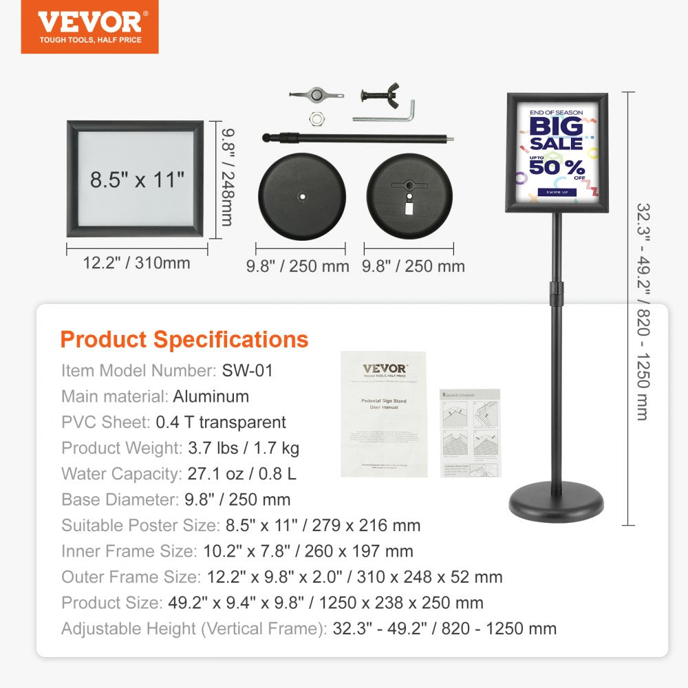 VEVOR Pedestal Sign Holder, 8.5 x 11 Inch Vertical and Horizontal Adjustable Poster Stand, Heavy-Duty Floor Standing Sign Holder with Round Base for Display, Advertisement, and Outdoor, Black 