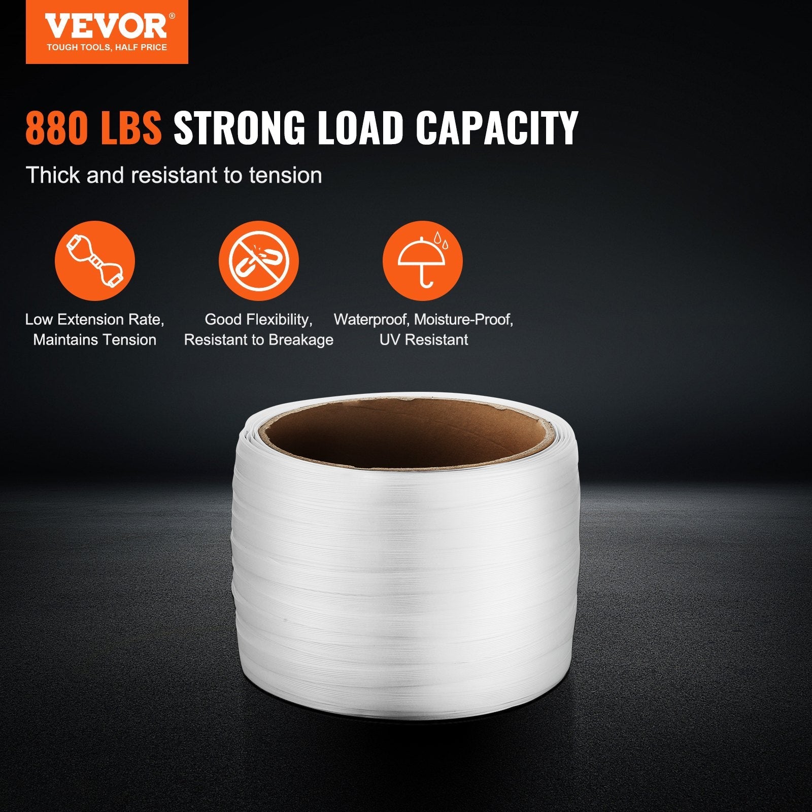 VEVOR Packaging Woven Strapping Roll 1/2" x 0.03" x 660' Banding Strap 882 lbs 