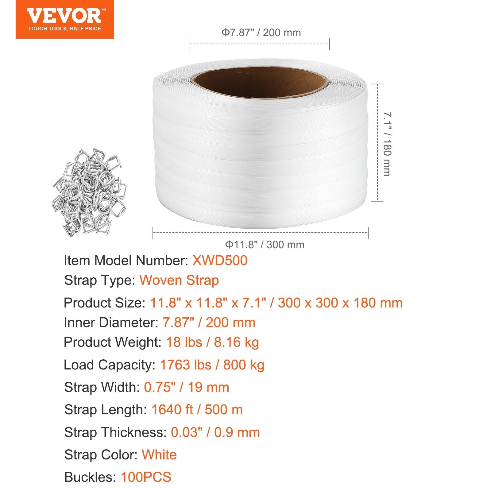 VEVOR Packaging Woven Strapping Roll 3/4" x 0.03" x 1640' Banding Strap 1763 lbs 