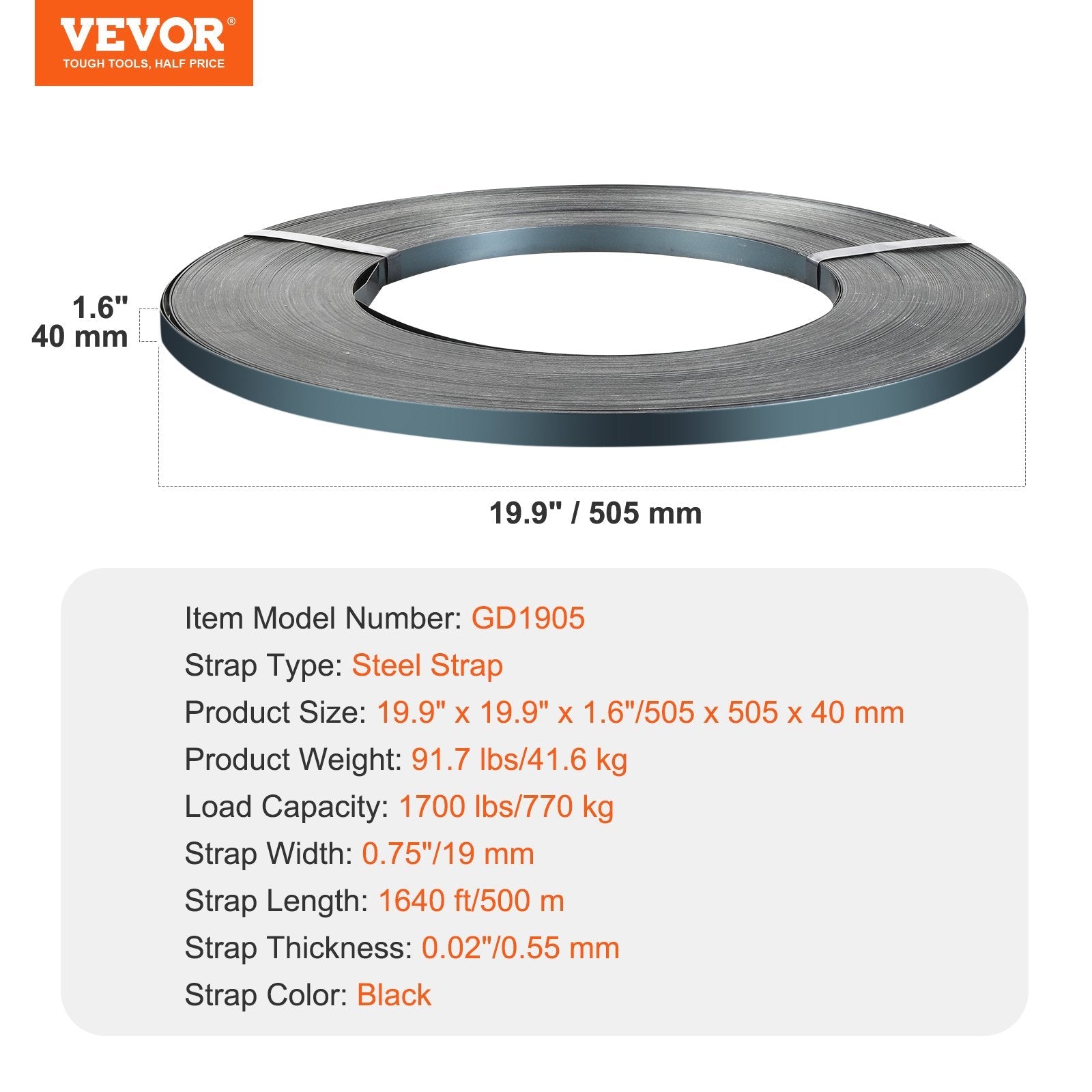 VEVOR Packaging Steel Strapping Roll 3/4" x 0.02" x 1640' Banding Strap 1700 lbs 