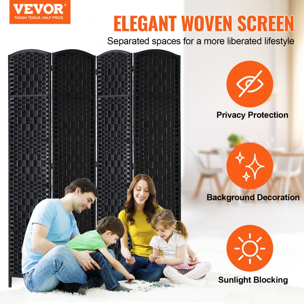 VEVOR 4 Panel Room Divider Hand-Woven Folding Privacy Screen with Hinges Black 