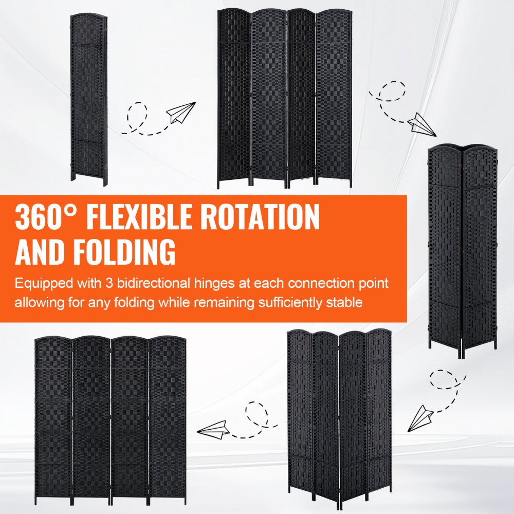 VEVOR 4 Panel Room Divider Hand-Woven Folding Privacy Screen with Hinges Black 