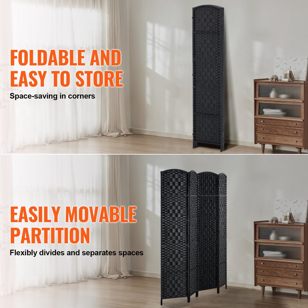 VEVOR 4 Panel Room Divider Hand-Woven Folding Privacy Screen with Hinges Black 
