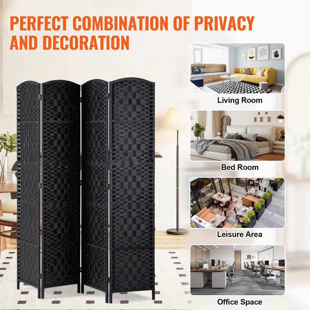 VEVOR 4 Panel Room Divider Hand-Woven Folding Privacy Screen with Hinges Black 
