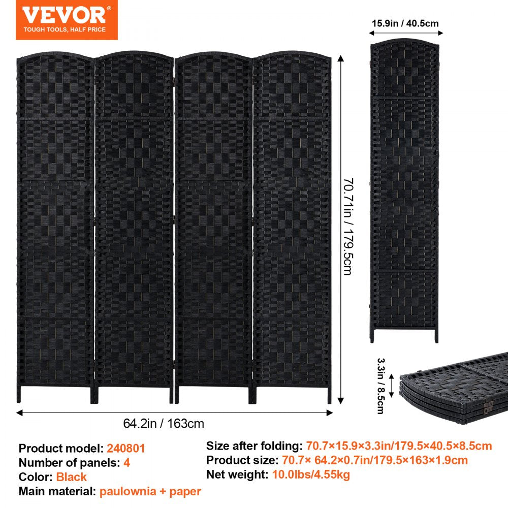 VEVOR 4 Panel Room Divider Hand-Woven Folding Privacy Screen with Hinges Black 