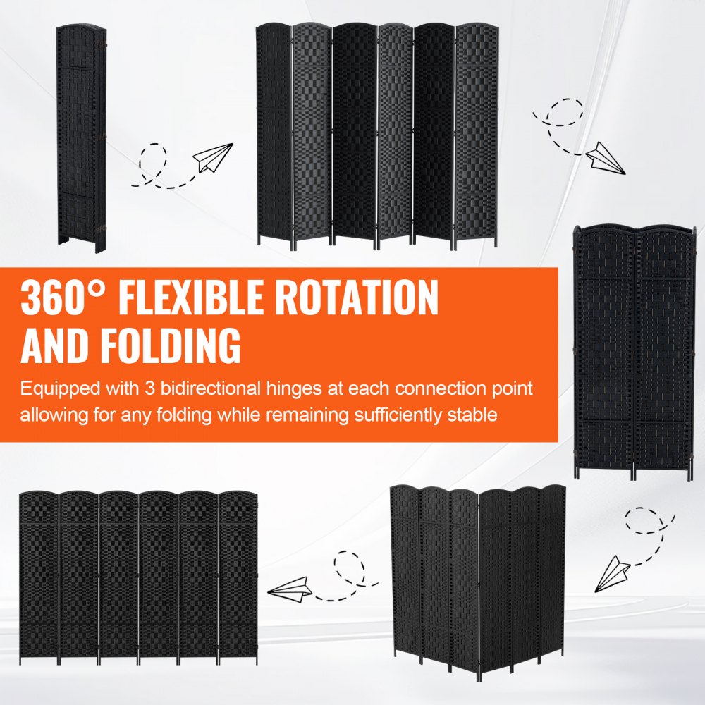 VEVOR 6 Panel Room Divider Hand-Woven Folding Privacy Screen with Hinges Black 