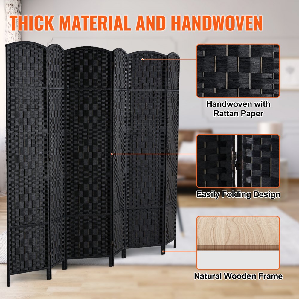 VEVOR 6 Panel Room Divider Hand-Woven Folding Privacy Screen with Hinges Black 