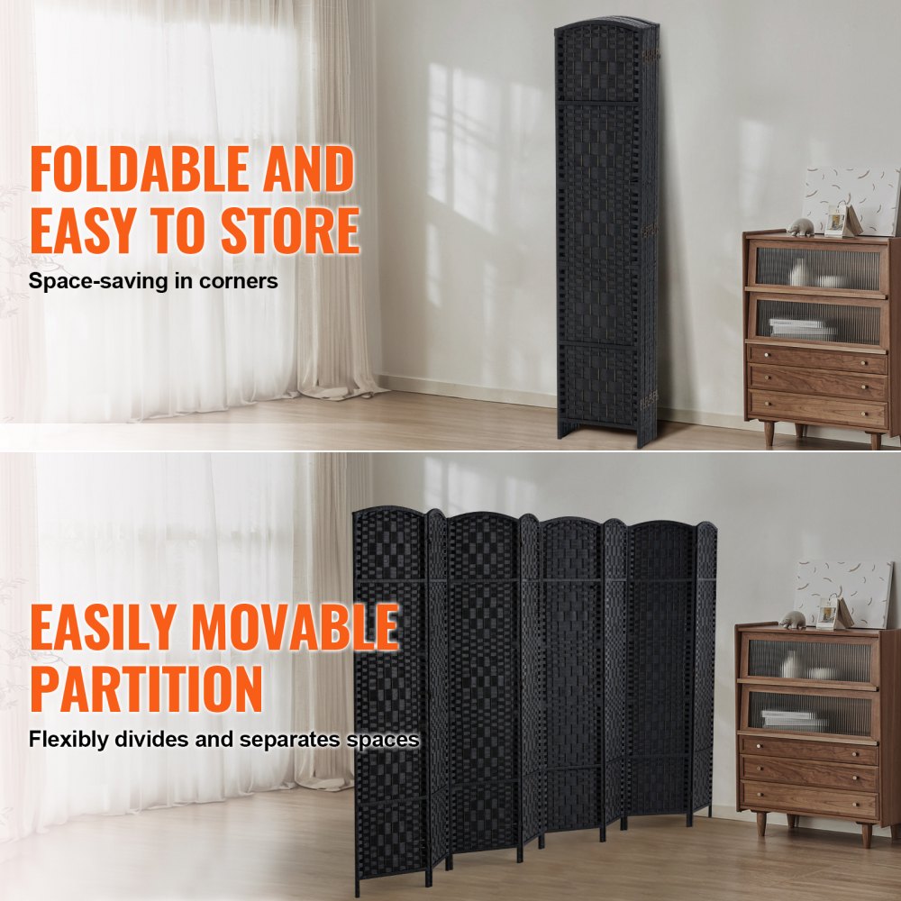 VEVOR 6 Panel Room Divider Hand-Woven Folding Privacy Screen with Hinges Black 