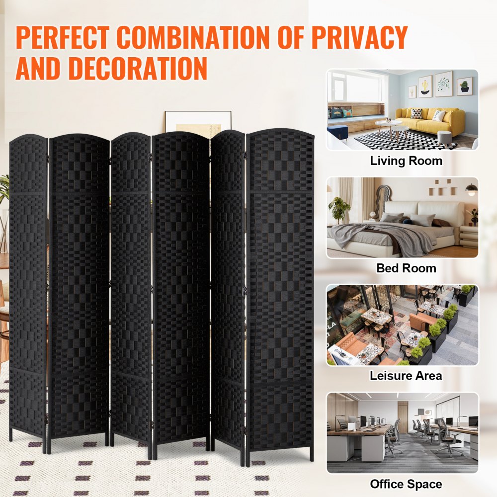 VEVOR 6 Panel Room Divider Hand-Woven Folding Privacy Screen with Hinges Black 