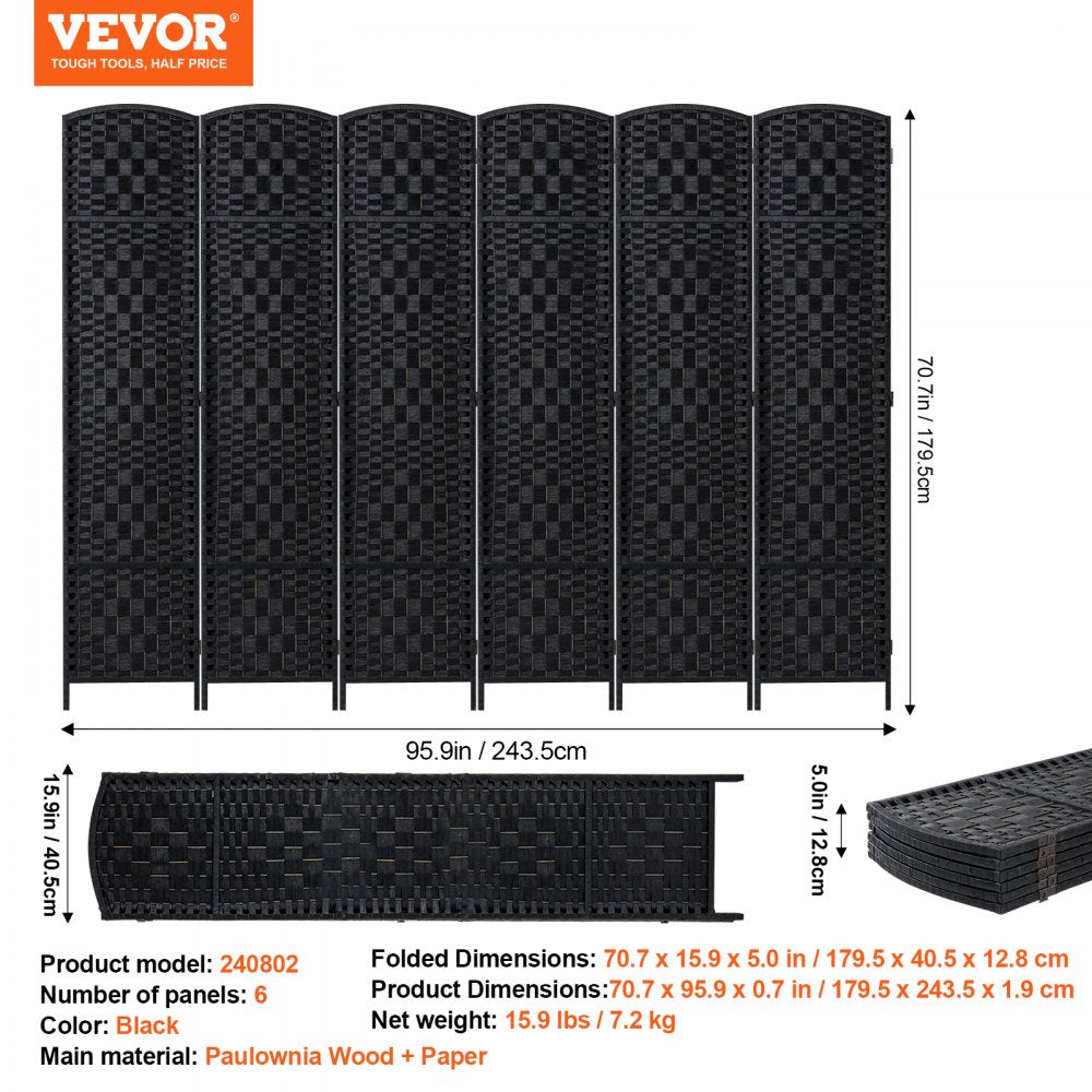 VEVOR 6 Panel Room Divider Hand-Woven Folding Privacy Screen with Hinges Black 