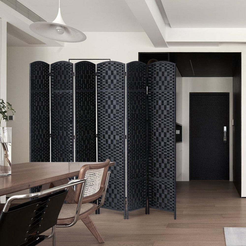 VEVOR 6 Panel Room Divider Hand-Woven Folding Privacy Screen with Hinges Black 