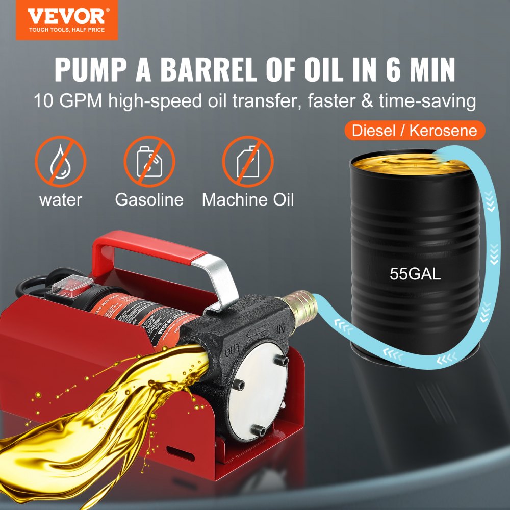 VEVOR Fuel Transfer Pump, 12V DC 10 GPM 26.2 ft Lift, Portable Electric Diesel Transfer Extractor Pump Kit with Automatic Shut-off Nozzle, Delivery & Suction Hose for Diesel, Kerosene, Transformer Oil 