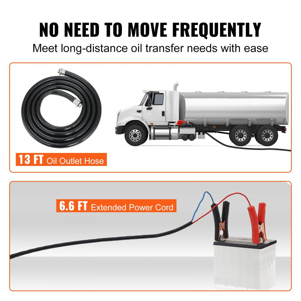 VEVOR Fuel Transfer Pump, 12V DC 10 GPM 26.2 ft Lift, Portable Electric Diesel Transfer Extractor Pump Kit with Automatic Shut-off Nozzle, Delivery & Suction Hose for Diesel, Kerosene, Transformer Oil 