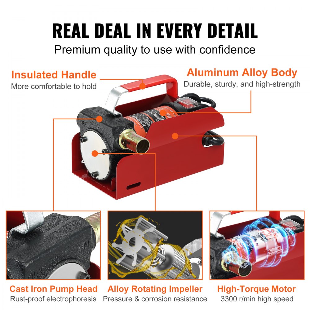 VEVOR Fuel Transfer Pump, 12V DC 10 GPM 26.2 ft Lift, Portable Electric Diesel Transfer Extractor Pump Kit with Automatic Shut-off Nozzle, Delivery & Suction Hose for Diesel, Kerosene, Transformer Oil 