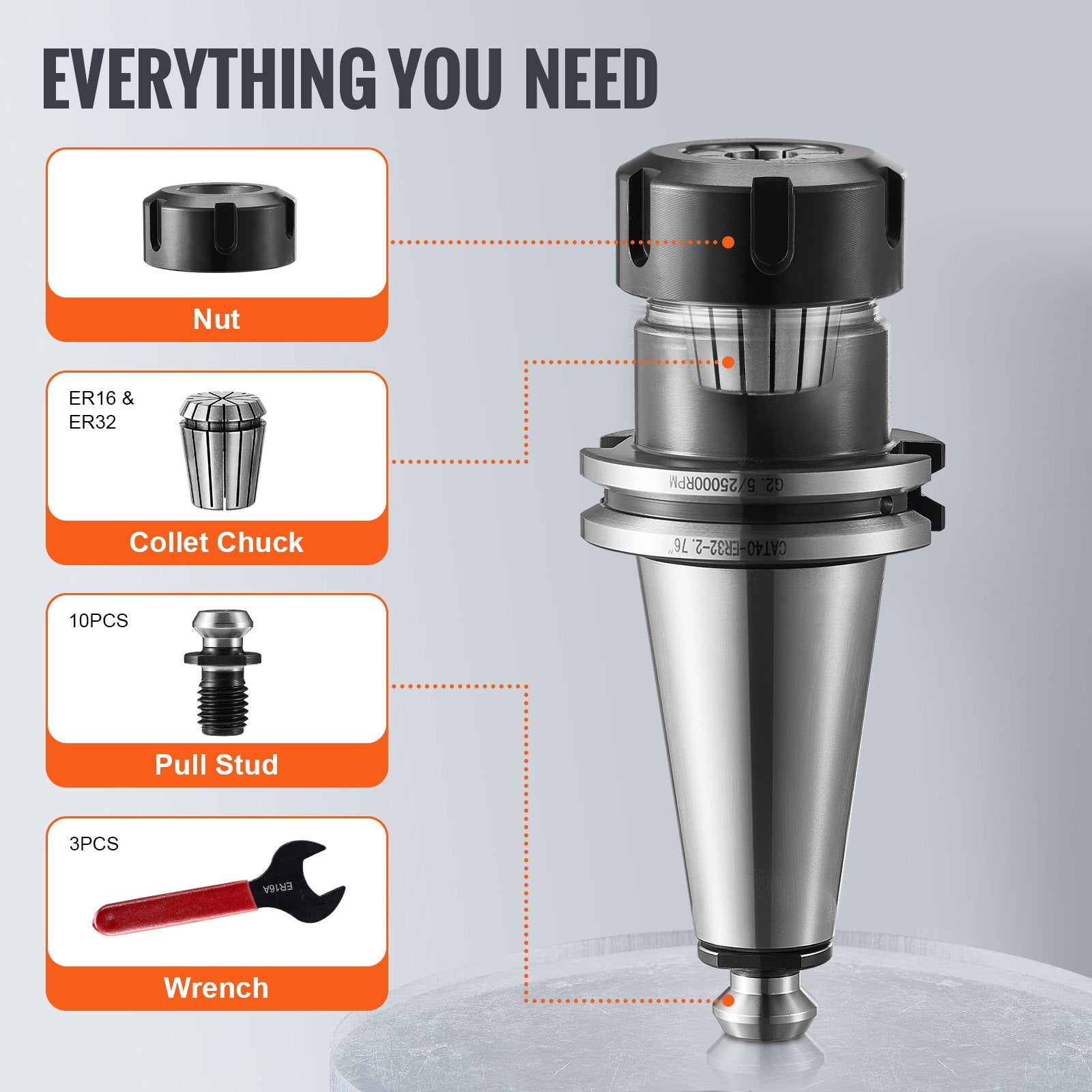 VEVOR CAT40 Collet Holder ER 16/32 Collet Set, 35 PCs, SLN FMB ER16/32 APU Tool Holders Spring Steel Collet Chucks with 10 Pull Studs and 3 Wrenches, for Milling Machine Drill Presses Boring Machine 