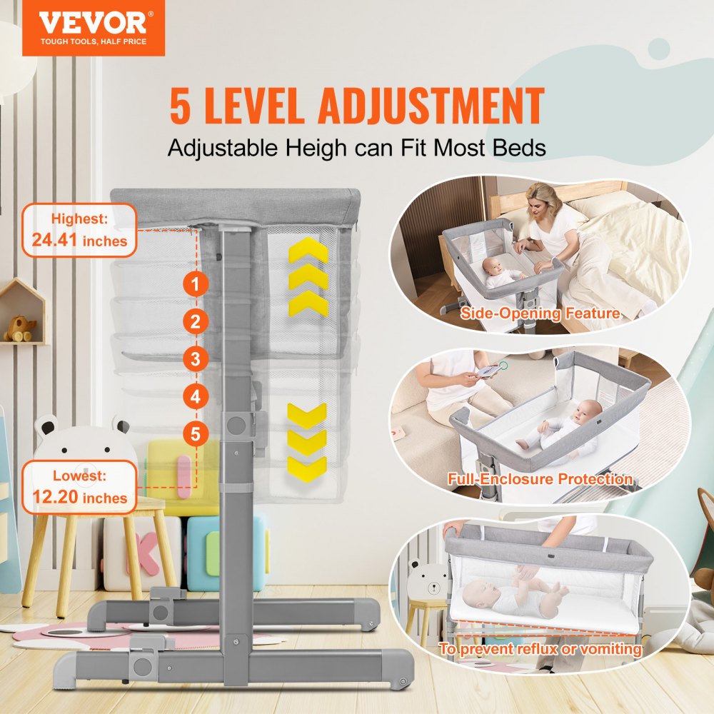 VEVOR Baby Bassinet, 5-Level Height Adjustable, Baby Bassinet Bedside Sleeper with Comfy Mattress and Wheels, Baby Cradle Bedside Crib with Mosquito Net and Side-Opening for Infant Newborn Girl Boy 