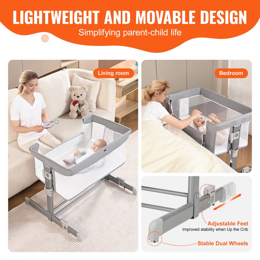 VEVOR Baby Bassinet, 5-Level Height Adjustable, Baby Bassinet Bedside Sleeper with Comfy Mattress and Wheels, Baby Cradle Bedside Crib with Mosquito Net and Side-Opening for Infant Newborn Girl Boy 