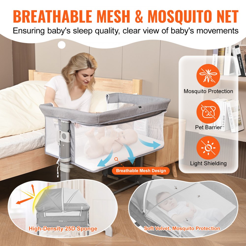 VEVOR Baby Bassinet, 5-Level Height Adjustable, Baby Bassinet Bedside Sleeper with Comfy Mattress and Wheels, Baby Cradle Bedside Crib with Mosquito Net and Side-Opening for Infant Newborn Girl Boy 