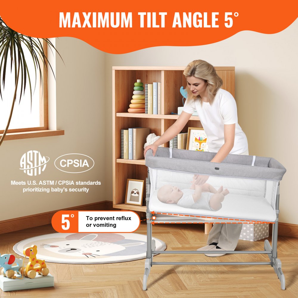 VEVOR Baby Bassinet, 5-Level Height Adjustable, Baby Bassinet Bedside Sleeper with Comfy Mattress and Wheels, Baby Cradle Bedside Crib with Mosquito Net and Side-Opening for Infant Newborn Girl Boy 