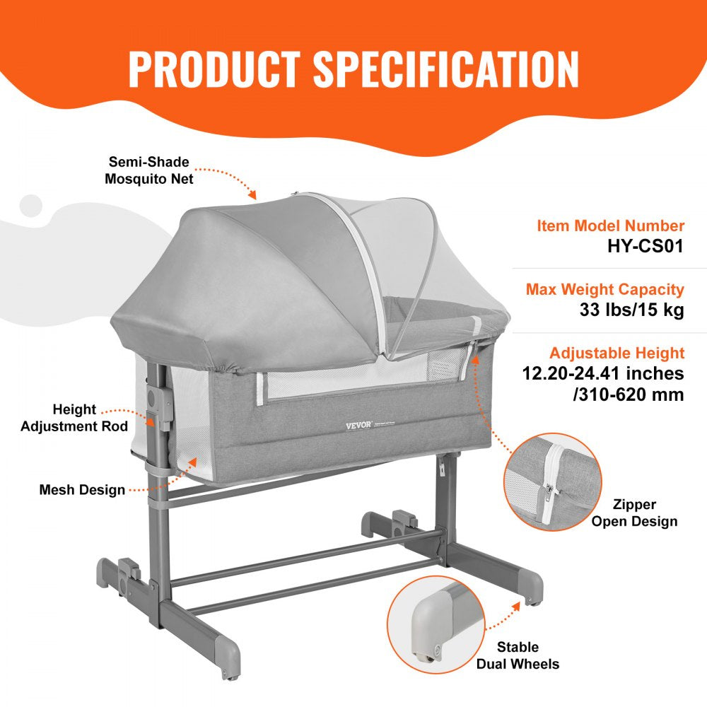 VEVOR Baby Bassinet, 5-Level Height Adjustable, Baby Bassinet Bedside Sleeper with Comfy Mattress and Wheels, Baby Cradle Bedside Crib with Mosquito Net and Side-Opening for Infant Newborn Girl Boy 