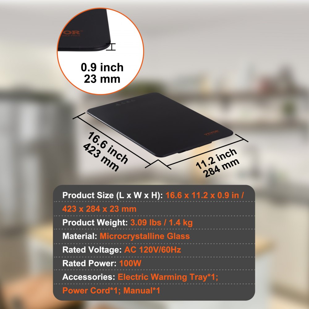 VEVOR Electric Warming Tray, 16.5" x 11" Portable Tempered Glass Heating Tray with Temperature Control (65-90?), Perfect for Dinner, Catering, House, Parties, Events, Entertaining and Holiday, Black 