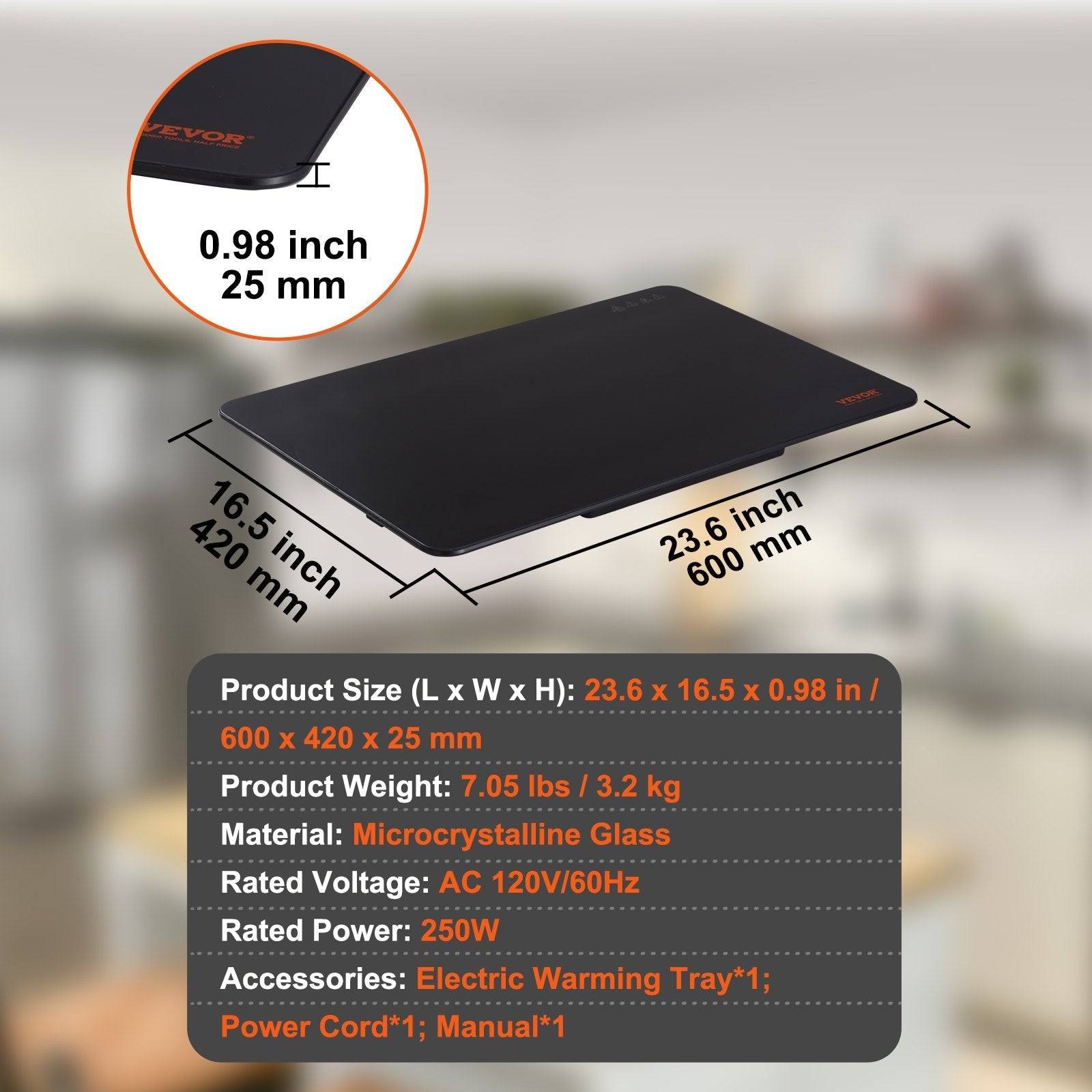 VEVOR Electric Warming Tray, 16.5" x 23.6" Portable Tempered Glass Heating Tray with Temperature Control (65-90?), Perfect for Dinner, Catering, House, Parties, Events, Entertaining and Holiday, Black 