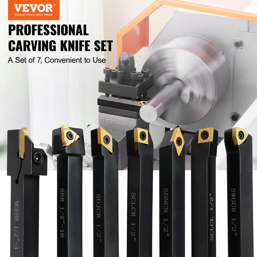 VEVOR Indexable Carbide Lathe Tools 1/2" Metal Lathe Cutting Tools 7 Pcs/Set Indexable lathe tools Super-Hard 40CR Lathe Bits Carbide Lathe Tool for Lathe Black Compact and Portable 