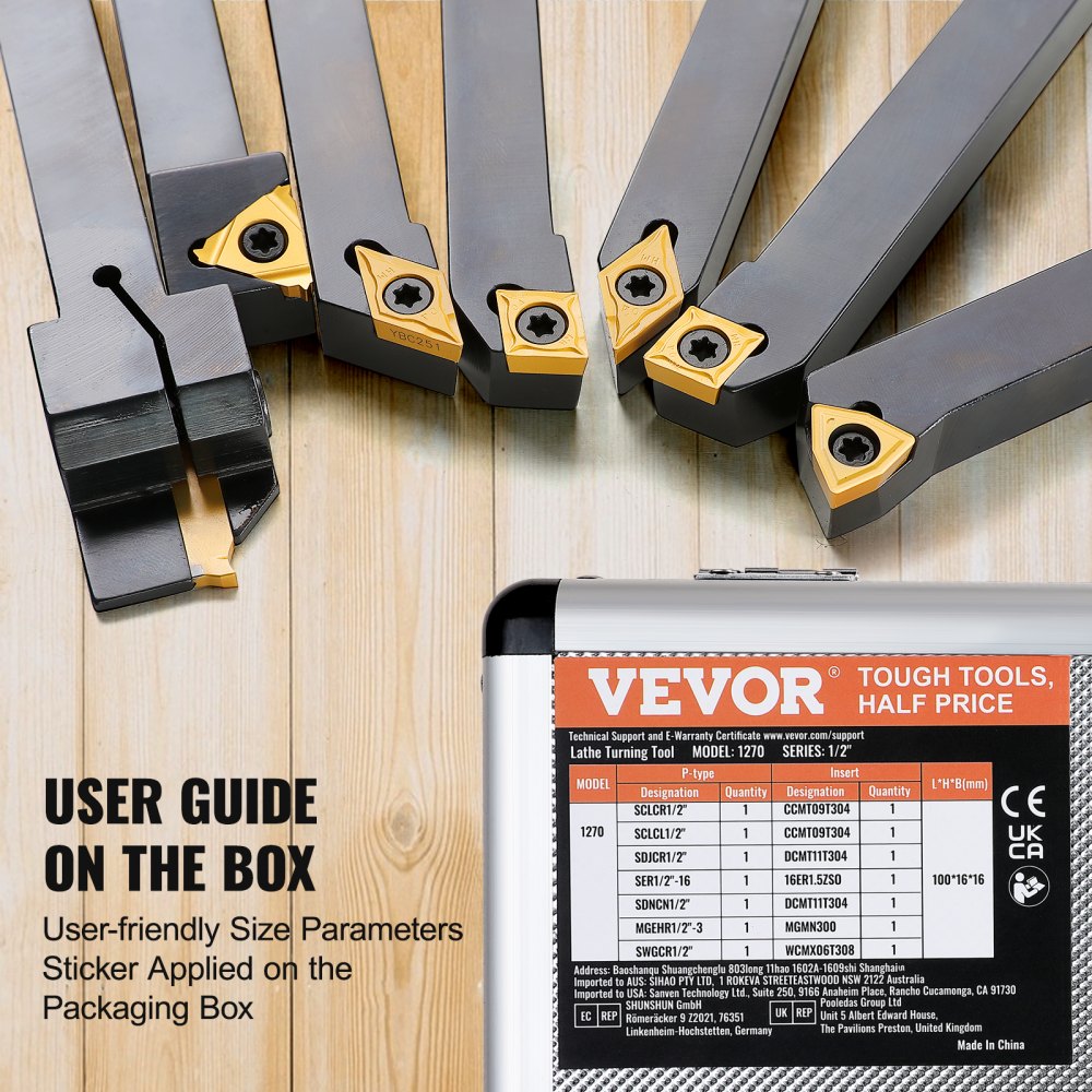 VEVOR Indexable Carbide Lathe Tools 1/2" Metal Lathe Cutting Tools 7 Pcs/Set Indexable lathe tools Super-Hard 40CR Lathe Bits Carbide Lathe Tool for Lathe Black Compact and Portable 