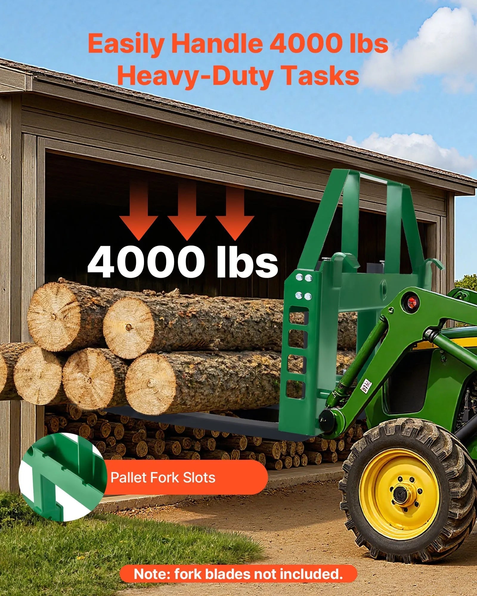 VEVOR Skid Steer Pallet Frame, 4000 lbs Rated Load Capacity, 45-inch Pallet Fork Frame Attachments with 2-inch Hitch Receiver & Spear Sleeves, Fit for John Deere Loaders Quick Attach Mount, Frame Only 