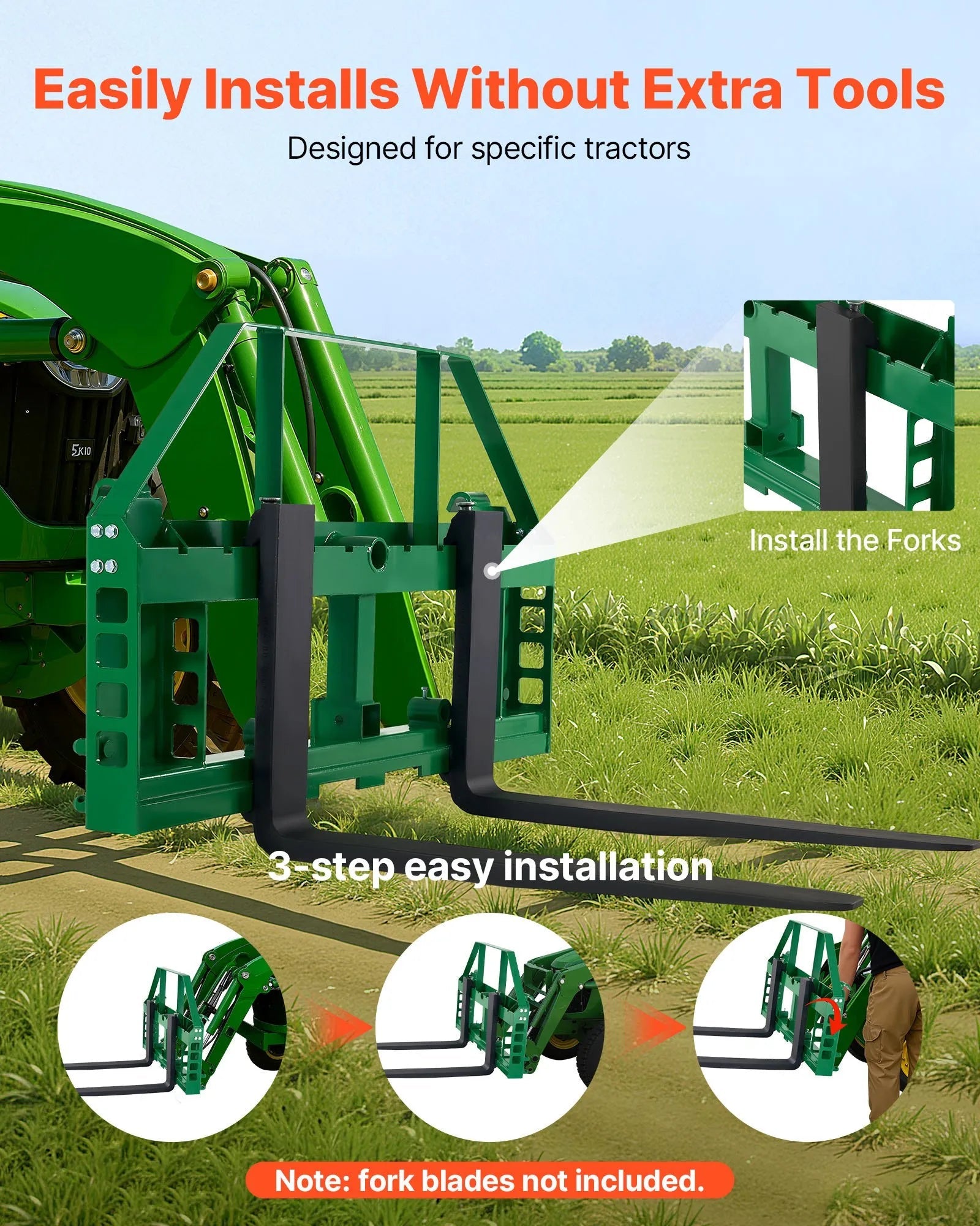 VEVOR Skid Steer Pallet Frame, 4000 lbs Rated Load Capacity, 45-inch Pallet Fork Frame Attachments with 2-inch Hitch Receiver & Spear Sleeves, Fit for John Deere Loaders Quick Attach Mount, Frame Only 