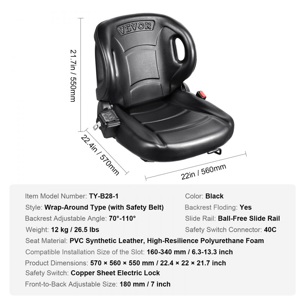 VEVOR Universal Forklift Seat,Tractor Seat with Adjustable Angle Back, Micro Switch and Seatbelt,Wrap-around Forklift Seat for Tractor Loader Excavator 