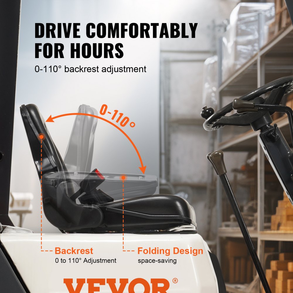 VEVOR Universal Forklift Seat, Fold Down Tractor Seat with Adjustable Angle Back, Micro Switch and Retractable Seatbelt, 6.3-13.4 inch Slot Forklift Seat for Tractor Loader Excavator 