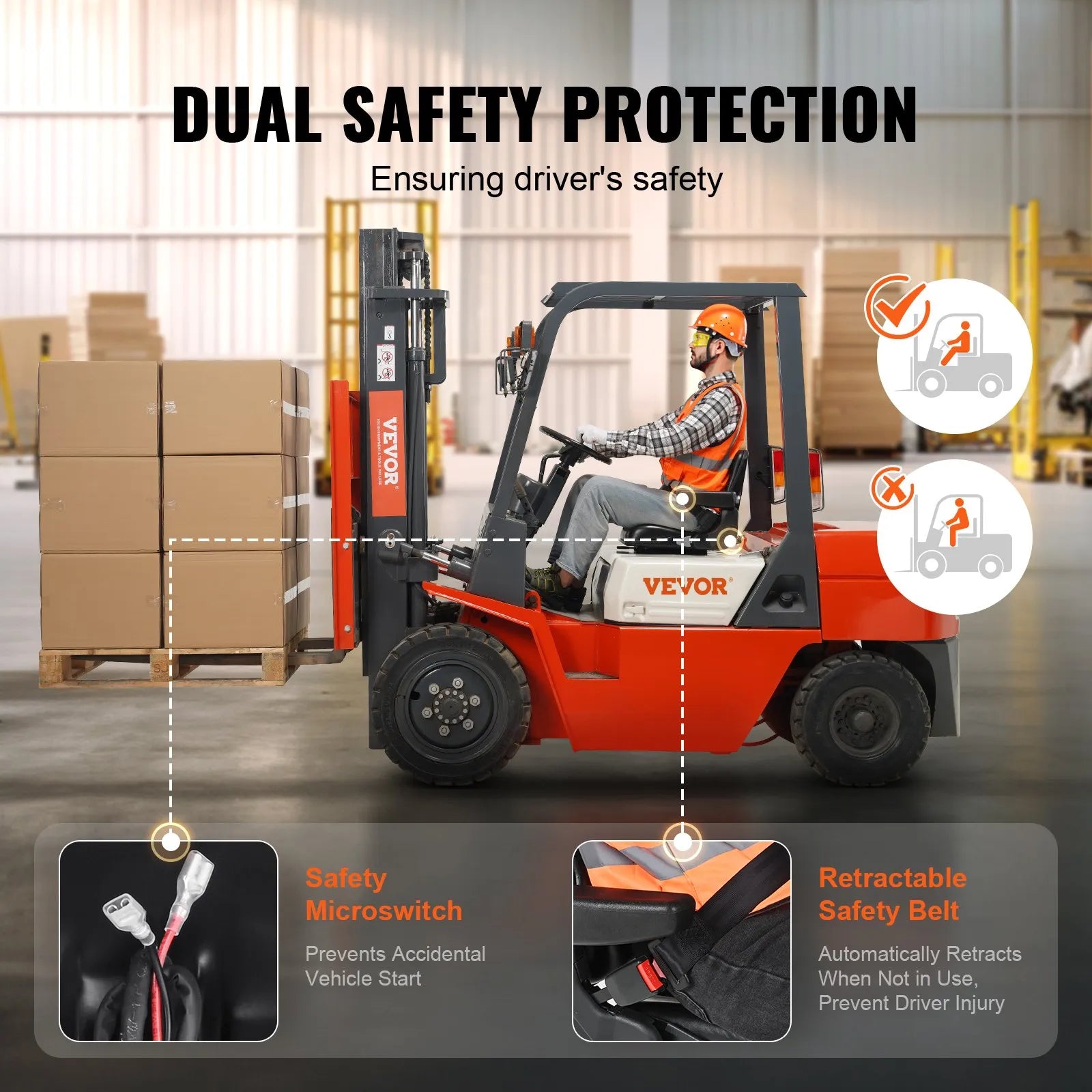 VEVOR Universal Forklift Seat, Fold Down Tractor Seat with Adjustable Angle Back, Micro Switch, Seatbelt and Armrests, 6.3-13.4 inch Slot Tractor Seat for Tractor Loader Excavator