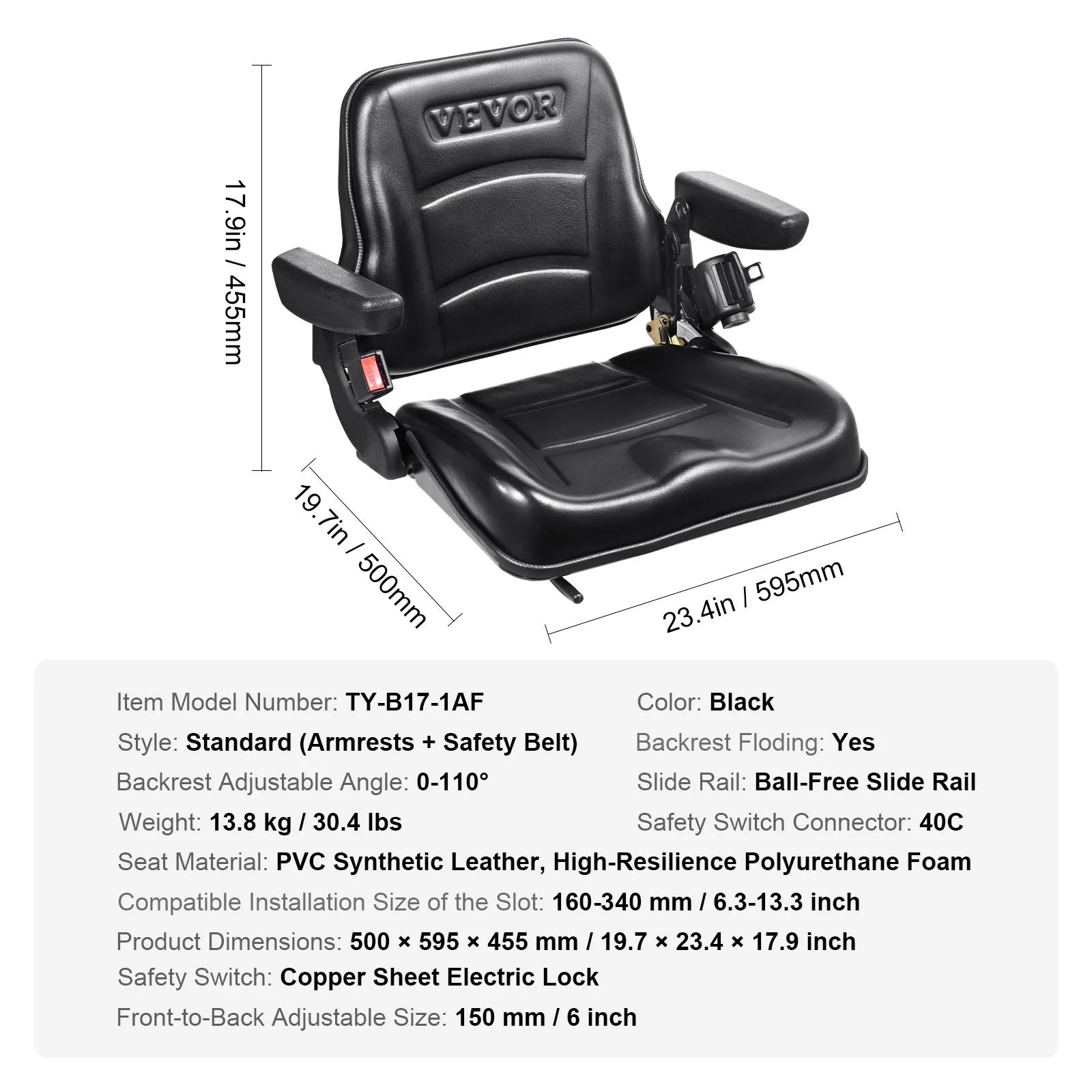 VEVOR Universal Forklift Seat, Fold Down Tractor Seat with Adjustable Angle Back, Micro Switch, Seatbelt and Armrests, 6.3-13.4 inch Slot Tractor Seat for Tractor Loader Excavator