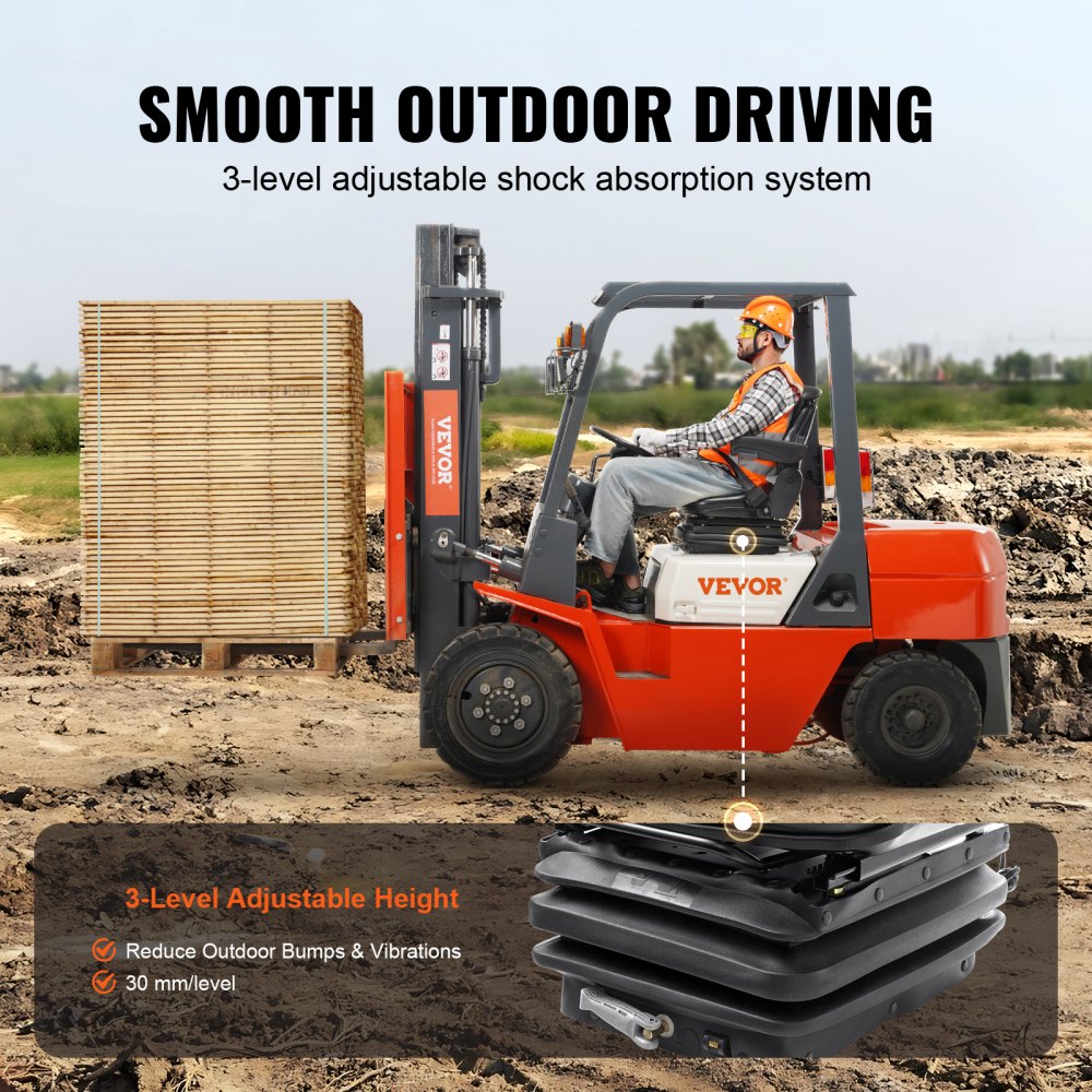 VEVOR Universal Tractor seat Suspension, Fold Down Forklift Seat with Adjustable Angle Back, Micro Switch, Seatbelt and Armrests, 3-level Shock Absorption Tractor Seat for Tractor Loader Excavator 