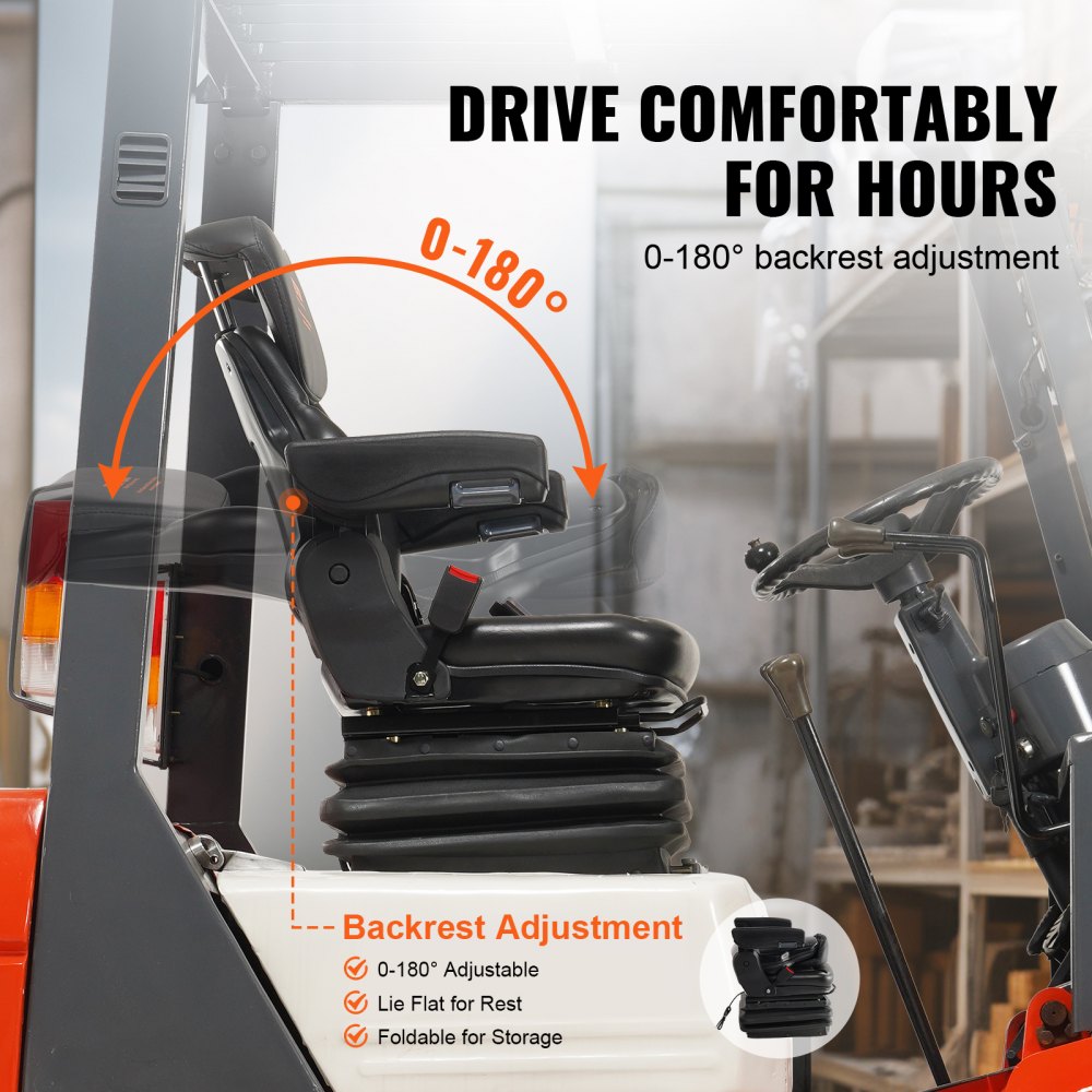 VEVOR Universal Tractor seat Suspension, Fold Down Forklift Seat with Adjustable Angle Back, Micro Switch, Seatbelt and Armrests, 3-level Shock Absorption Tractor Seat for Tractor Loader Excavator 
