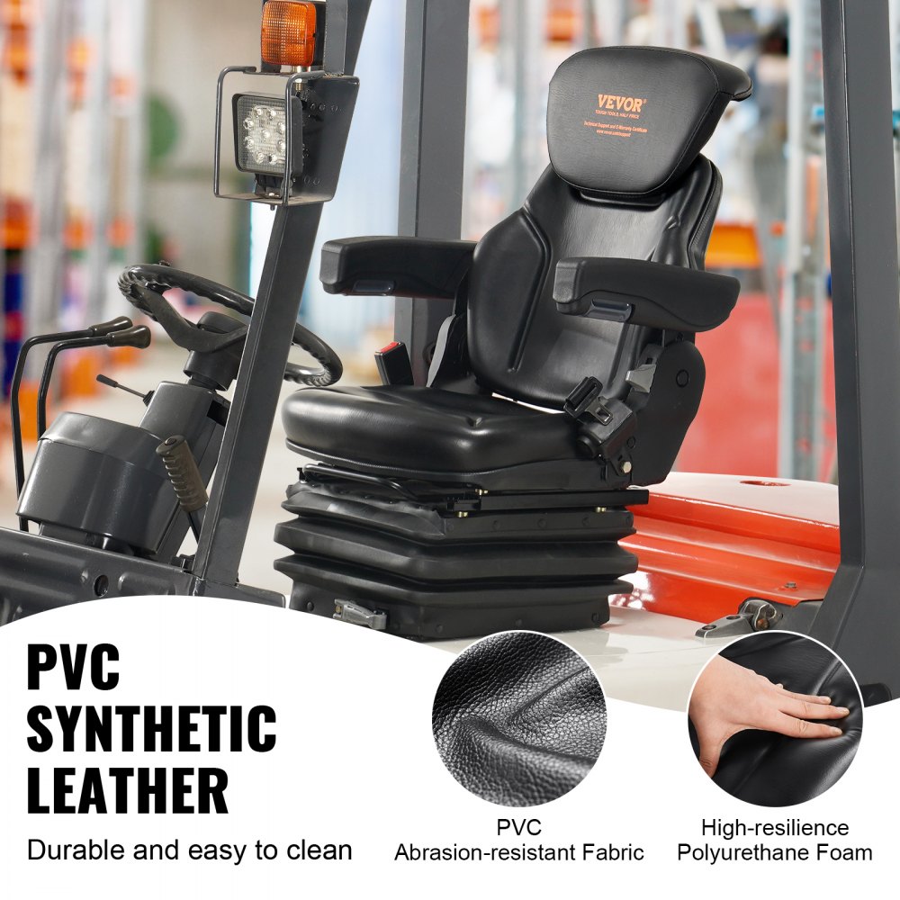 VEVOR Universal Tractor seat Suspension, Fold Down Forklift Seat with Adjustable Angle Back, Micro Switch, Seatbelt and Armrests, 3-level Shock Absorption Tractor Seat for Tractor Loader Excavator 