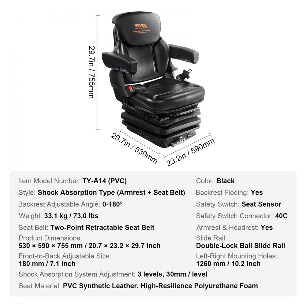VEVOR Universal Tractor seat Suspension, Fold Down Forklift Seat with Adjustable Angle Back, Micro Switch, Seatbelt and Armrests, 3-level Shock Absorption Tractor Seat for Tractor Loader Excavator 