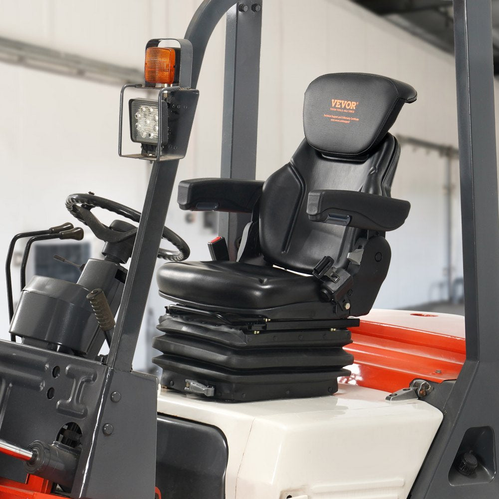 VEVOR Universal Tractor seat Suspension, Fold Down Forklift Seat with Adjustable Angle Back, Micro Switch, Seatbelt and Armrests, 3-level Shock Absorption Tractor Seat for Tractor Loader Excavator 