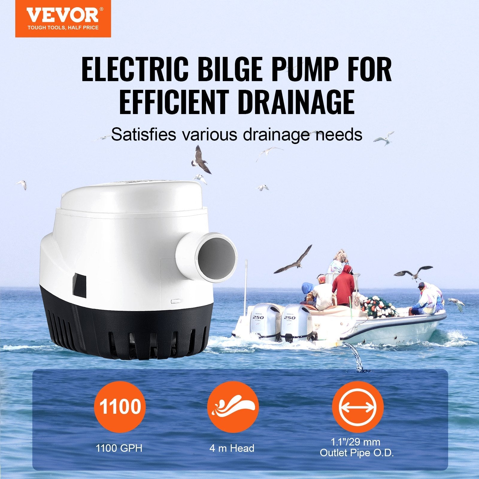 VEVOR Bilge Pump, 1100GPH 12V Automatic Submersible Boat Bilge Water Pump with Float Switch, 1.1" Outlet Diameter, Small Boat Bilge Pump, Marine Electric Bilge Pump for Boats, Ponds, Pools, Basements 