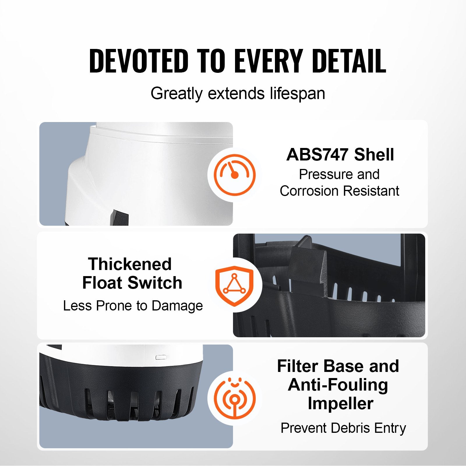 VEVOR Bilge Pump, 1100GPH 12V Automatic Submersible Boat Bilge Water Pump with Float Switch, 1.1" Outlet Diameter, Small Boat Bilge Pump, Marine Electric Bilge Pump for Boats, Ponds, Pools, Basements 
