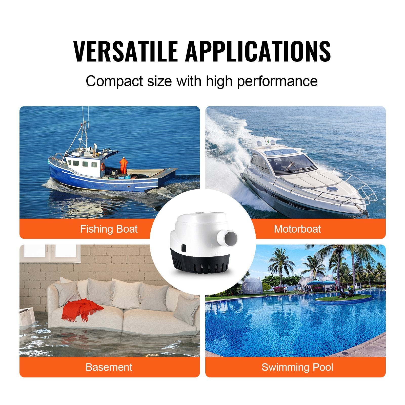 VEVOR Bilge Pump, 1100GPH 12V Automatic Submersible Boat Bilge Water Pump with Float Switch, 1.1" Outlet Diameter, Small Boat Bilge Pump, Marine Electric Bilge Pump for Boats, Ponds, Pools, Basements 