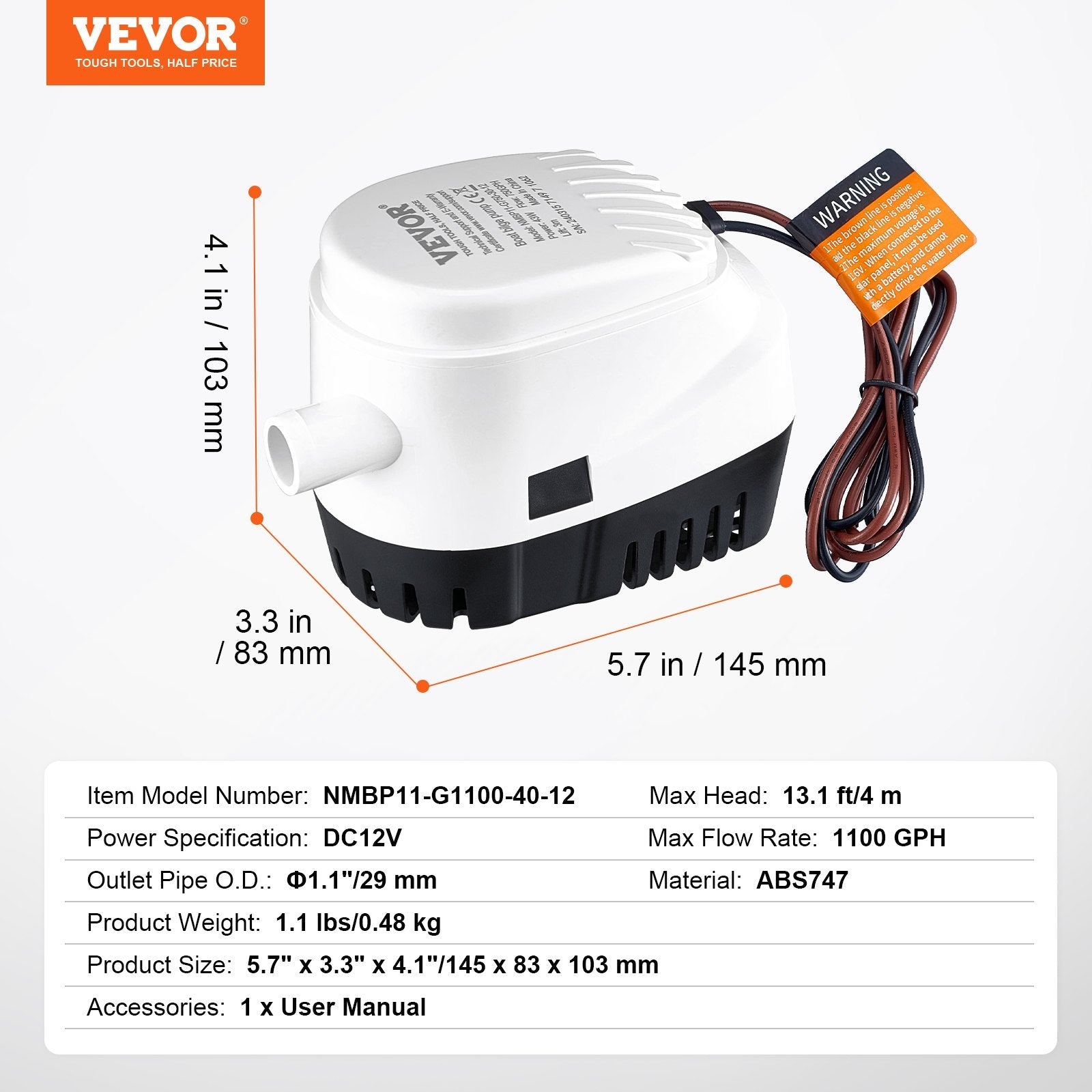 VEVOR Bilge Pump, 1100GPH 12V Automatic Submersible Boat Bilge Water Pump with Float Switch, 1.1" Outlet Diameter, Small Boat Bilge Pump, Marine Electric Bilge Pump for Boats, Ponds, Pools, Basements 