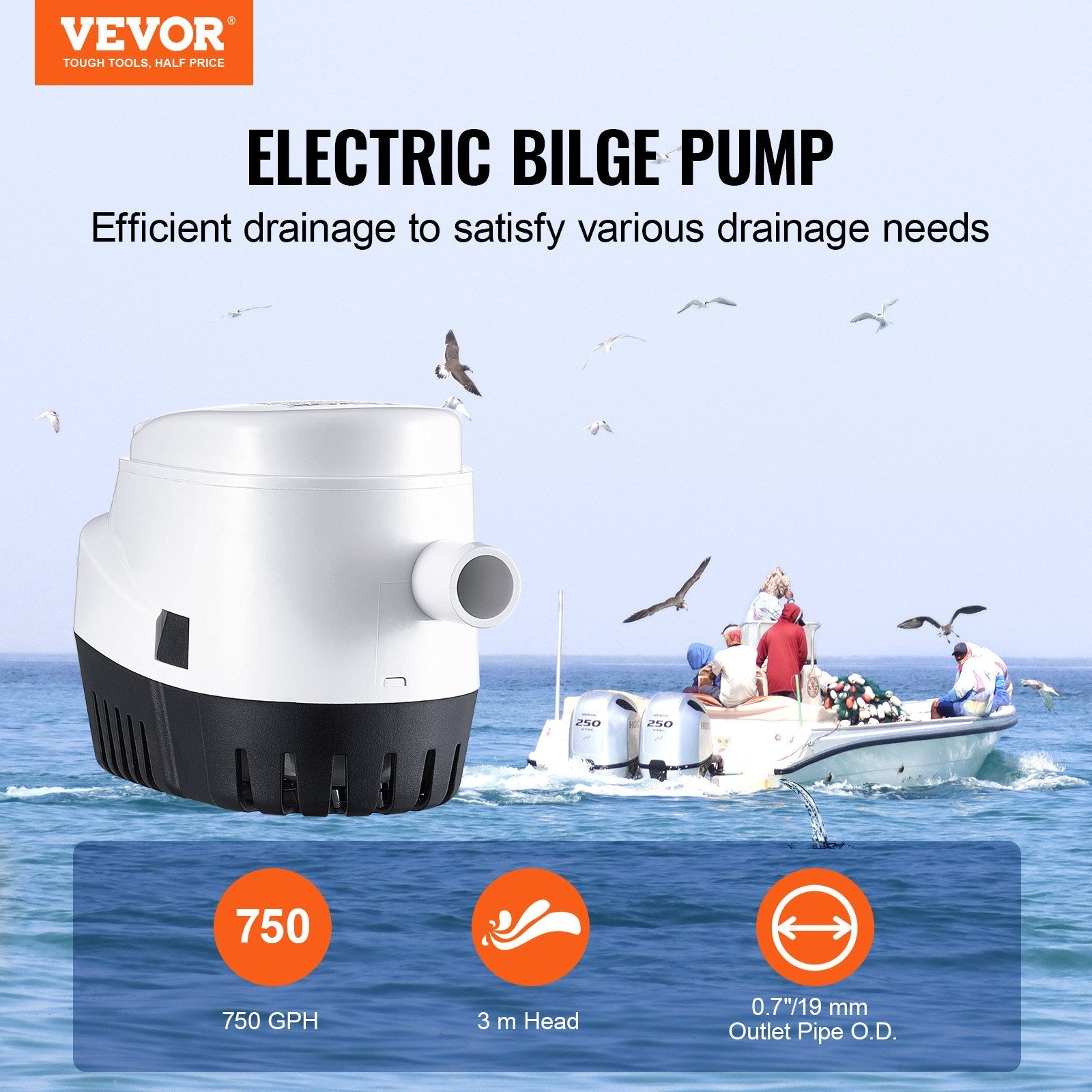 VEVOR Bilge Pump, 750GPH 12V Automatic Submersible Boat Bilge Water Pump with Float Switch, 0.7" Outlet Diameter, Small Boat Bilge Pump, Marine Electric Bilge Pump for Boats, Ponds, Pools, Basements 