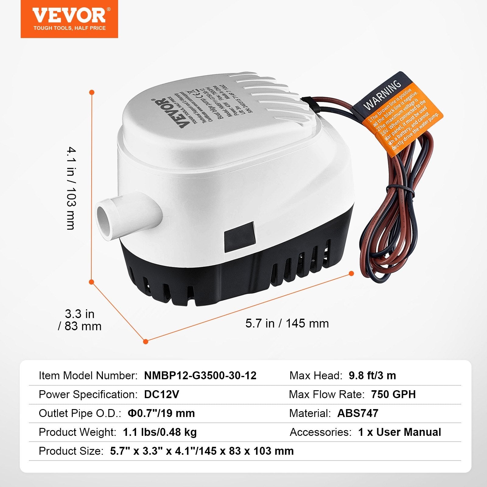 VEVOR Bilge Pump, 750GPH 12V Automatic Submersible Boat Bilge Water Pump with Float Switch, 0.7" Outlet Diameter, Small Boat Bilge Pump, Marine Electric Bilge Pump for Boats, Ponds, Pools, Basements 