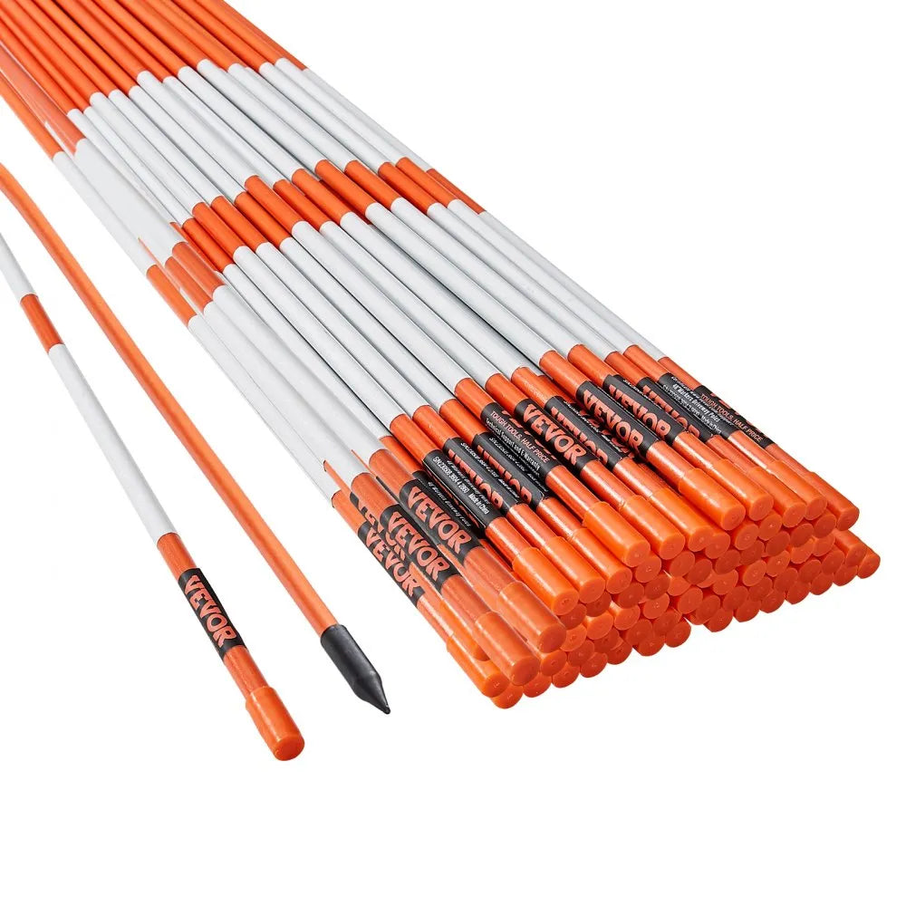 VEVOR Driveway Markers, 100PCS 48 inch, 0.31 inch Diameter, Orange Fiberglass Poles Snow Stakes with Reflective Tape, 12" Steel Drill Bit & Protection Gloves for Parking Lots, Walkways Easy Visibility
