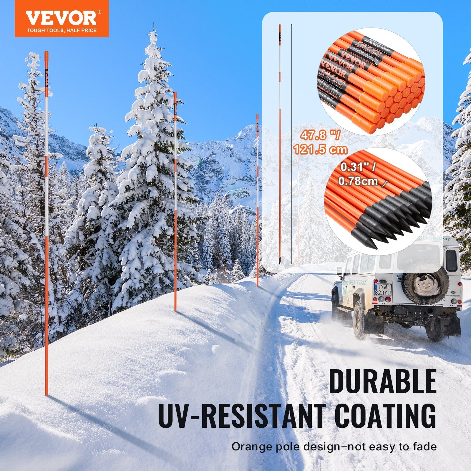 VEVOR Driveway Markers, 30 PCS 48 inch, 0.31 inch Diameter, Orange Fiberglass Poles Snow Stakes with Reflective Tape, 12" Steel Drill Bit & Protection Gloves for Parking Lots, Walkways Easy Visibility 