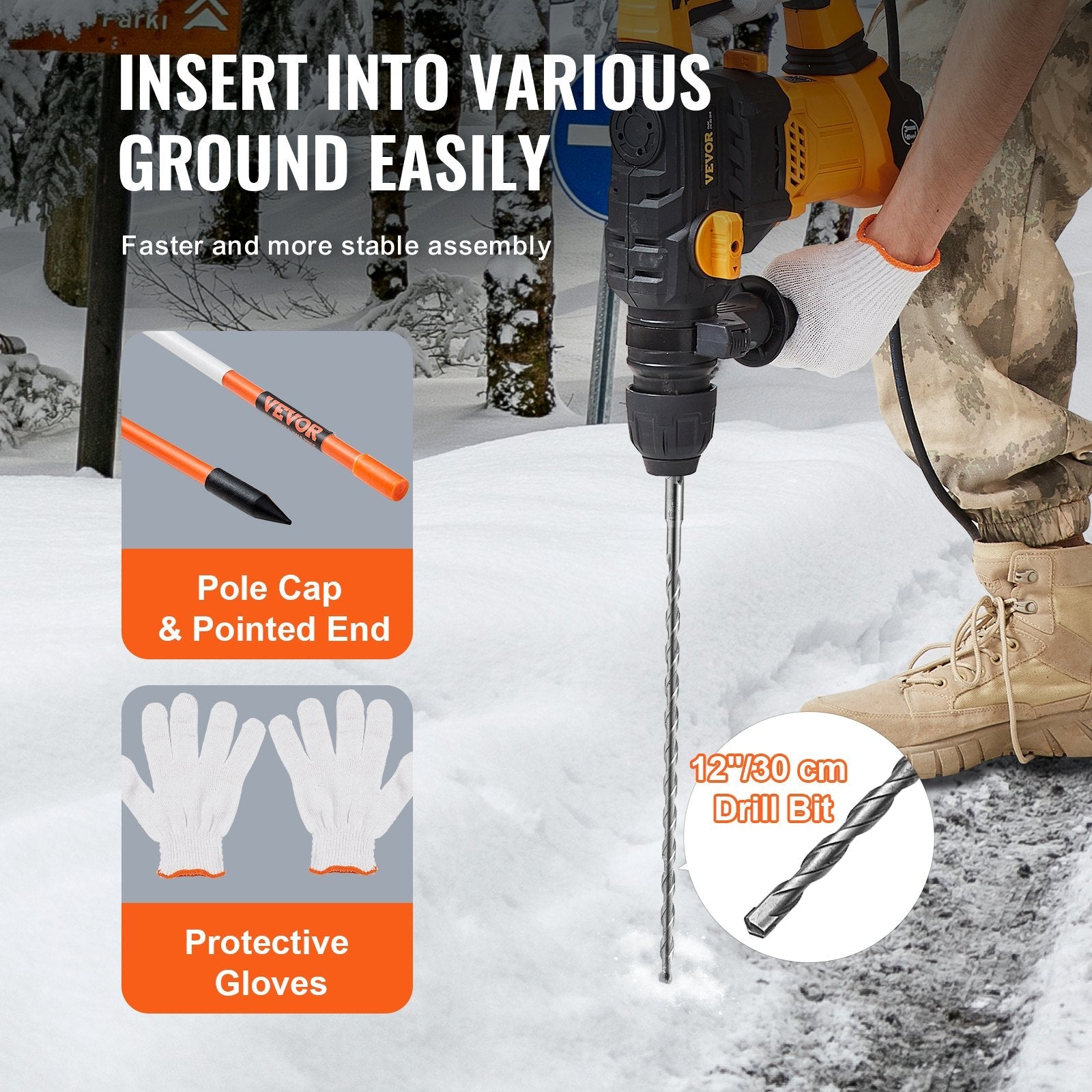 VEVOR Driveway Markers, 30 PCS 48 inch, 0.31 inch Diameter, Orange Fiberglass Poles Snow Stakes with Reflective Tape, 12" Steel Drill Bit & Protection Gloves for Parking Lots, Walkways Easy Visibility 