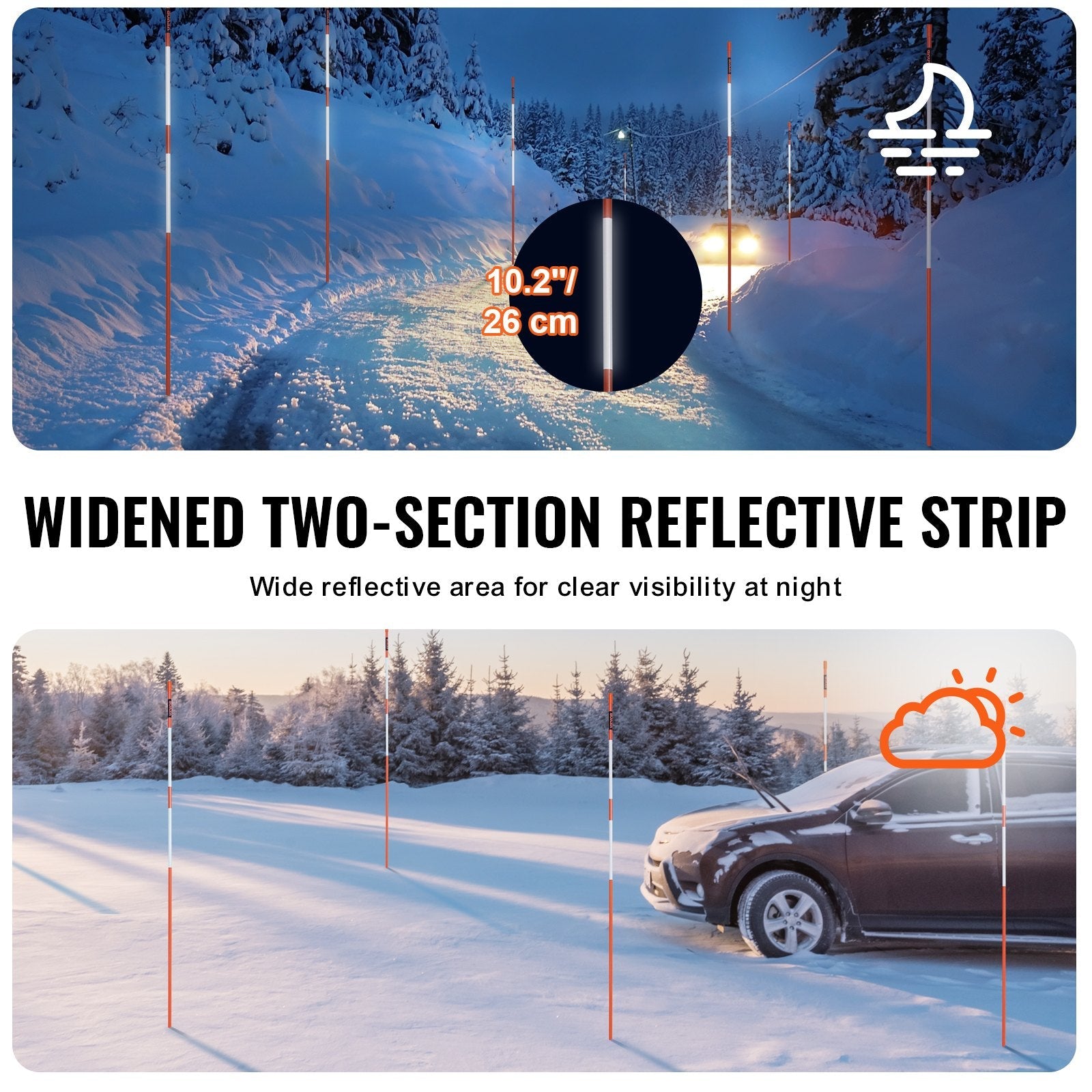VEVOR Driveway Markers, 30 PCS 48 inch, 0.31 inch Diameter, Orange Fiberglass Poles Snow Stakes with Reflective Tape, 12" Steel Drill Bit & Protection Gloves for Parking Lots, Walkways Easy Visibility 